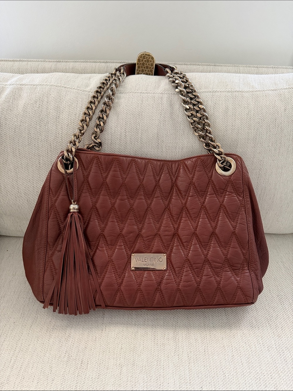 Authentic Valentino Quilted Leather Brown Shoulder Bag  with Gold Hardware
